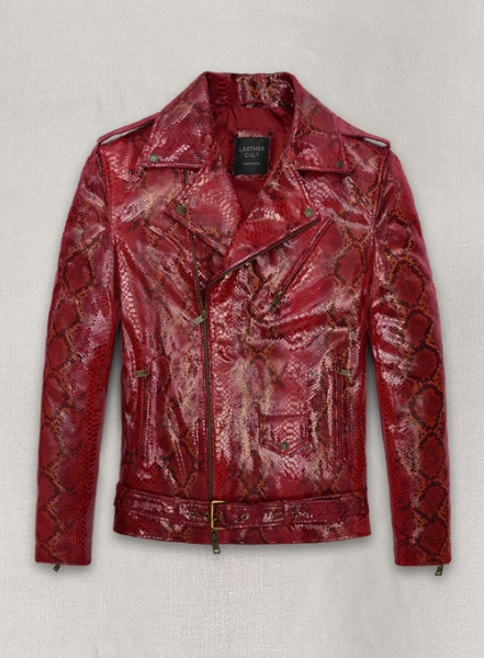 (image for) Bold Red Python Pure Leather Biker Jacket #2