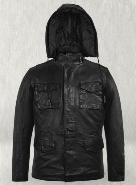 (image for) Black Military M-65 Hood Leather Jacket