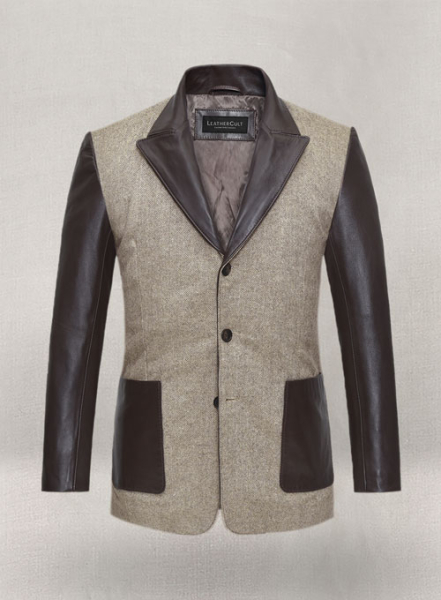 (image for) Vintage Herringbone Brown Tweed Leather Combo Blazer # 652