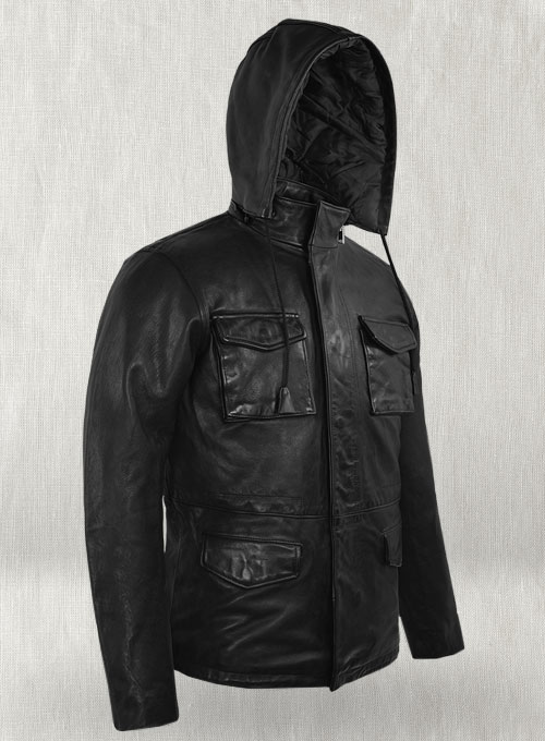 (image for) Black Military M-65 Hood Leather Jacket