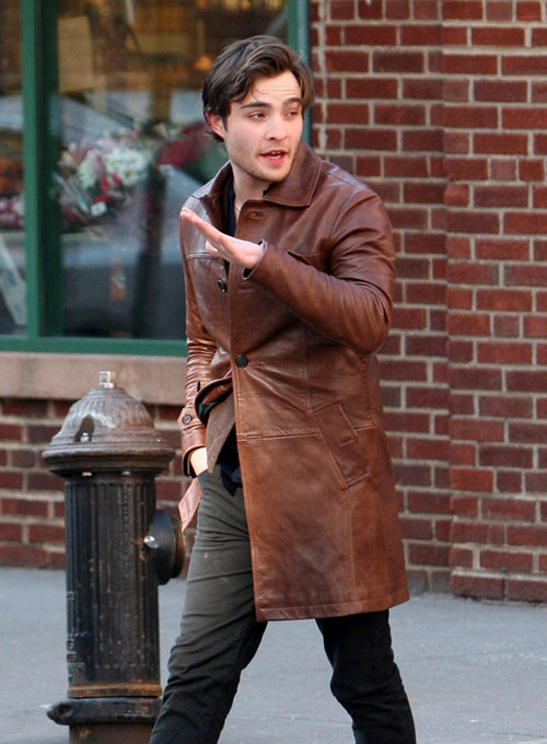 (image for) Ed Westwick Leather Trench Coat - Click Image to Close