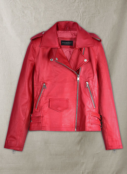 (image for) Soft Raspberry Red Gigi Hadid Leather Jacket #2 - Click Image to Close